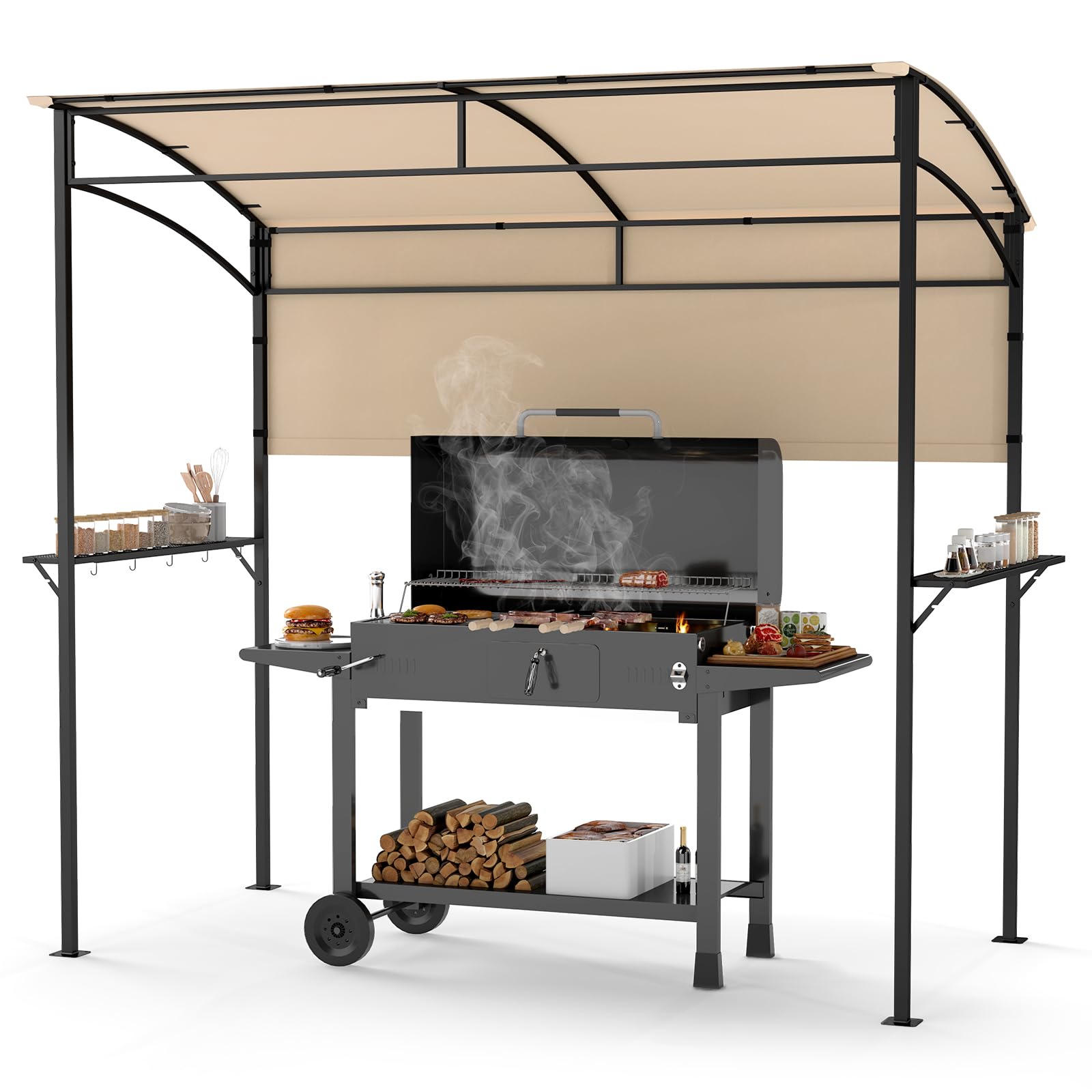 COSTWAY Grill Gazebo, Outdoor BBQ Shelter with Serving Shelf and Storage Hooks, Metal Frame Barbecue Canopy Sunshade Awning for Garden Patio Party (Beige, 239 x 108cm, with Extra Shadow)