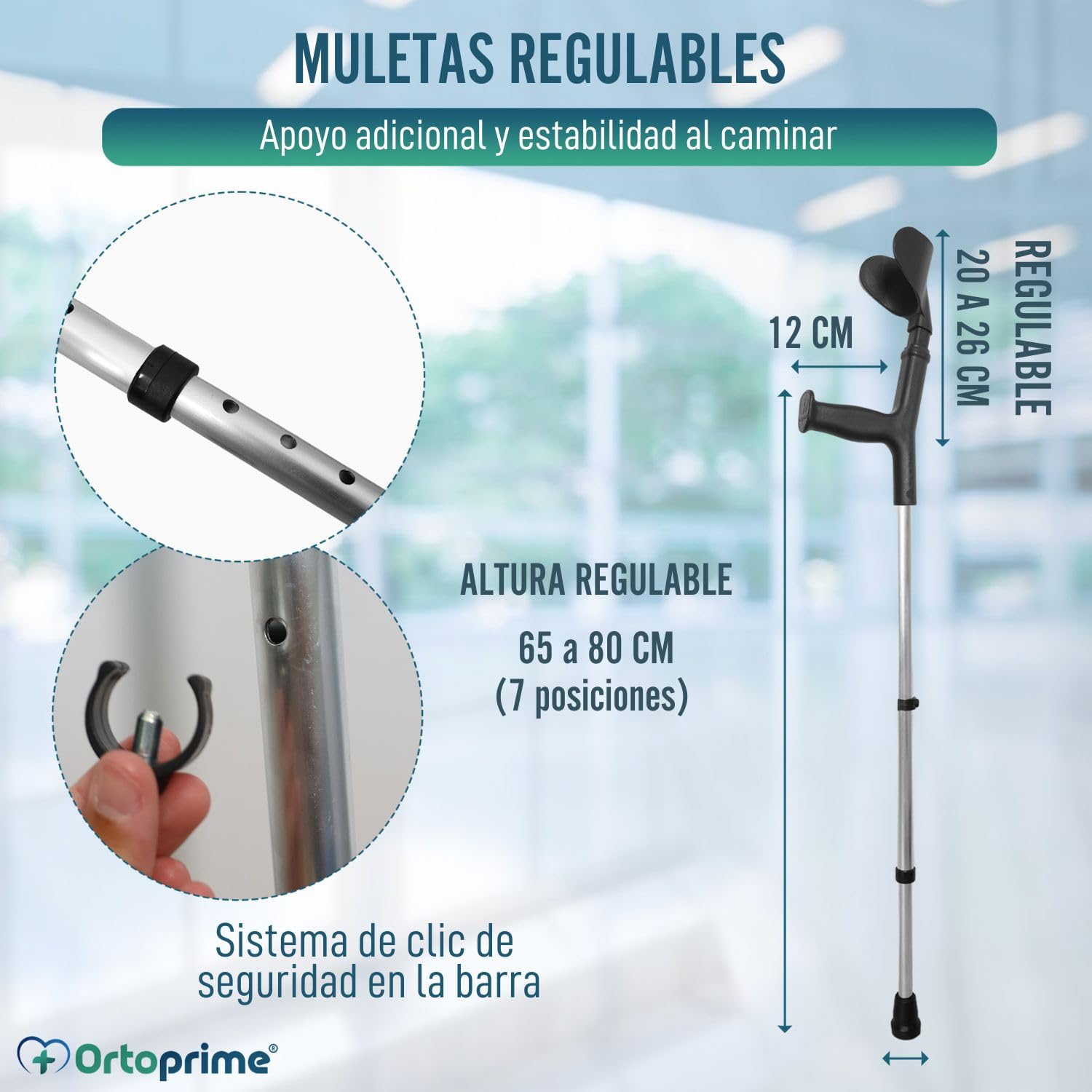 OrtoPrime Muletas Adulto Regulables aluminio PACK 2 UNIDADES - Muletas Ortopédicas con contera Antideslizante - Muletas anatómicas CONFORT - Muletas Adulto regulables - FABRICADO EN ESPAÑA, Negro