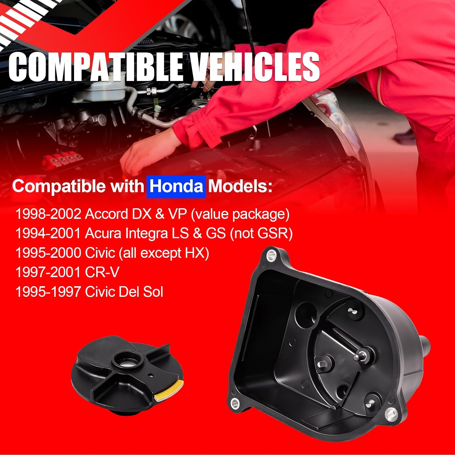 SMMS Distributor Cap Rotor Head Ignition System Kit for Honda, for Accord, for Civic, for Acura, 1994-2002, with 4 Bolts & 3 Washers, Replaces OE: 30103P08003 + 30102P54006