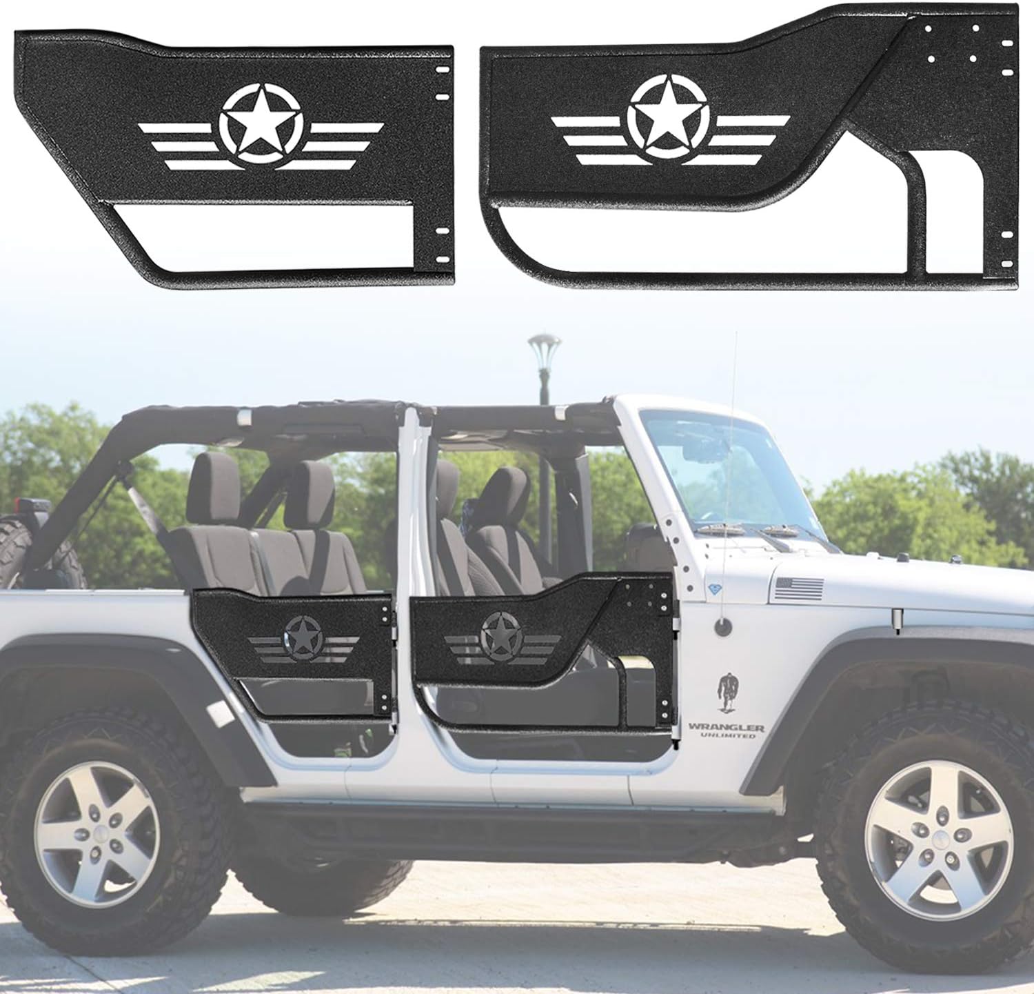 Matte Off Road Front & Rear Tubular Doors Compatible for Wrangler JK Unlimited 4 Doors 2007~2018, Textured Black & Five Star Logo