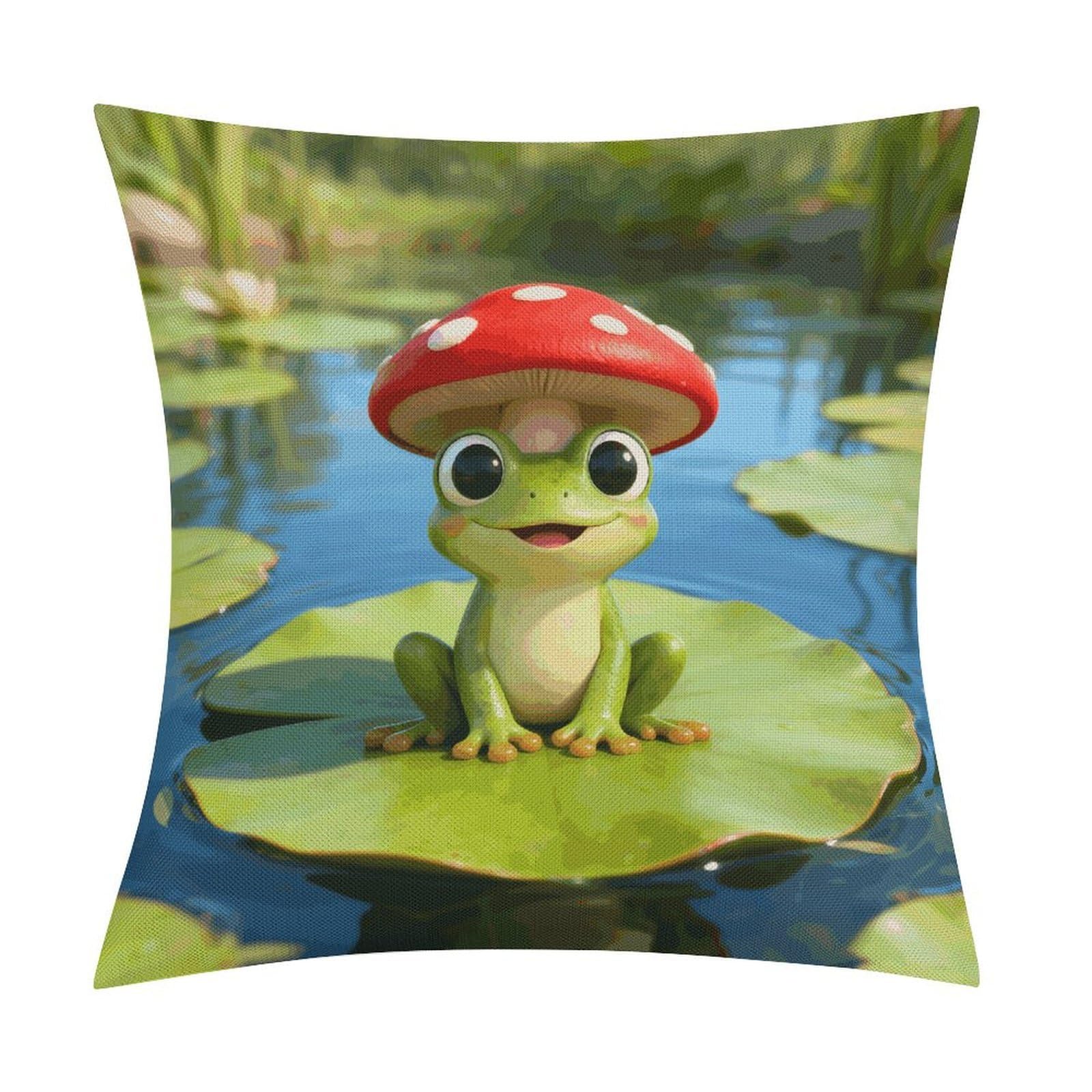 LZQPOEAS Cute Frog Red Mushroom Throw Pillow Covers, Waterproof Faux Linen Pillow Cases with Invisible Zipper, Decorative Square Cushion Covers for Sofa Couch Living Room Bedroom 18x18 Inch