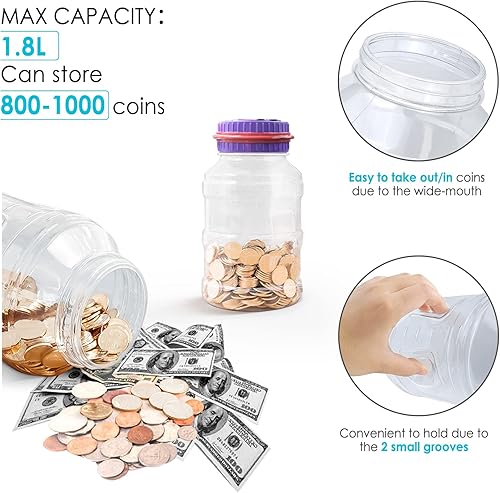 Miniatura 4 de Vcertcpl - Alcancía grande para adultos y niños, banco digital de conteo de monedas con contador LCD, capacidad de 1.8 litros, tarro de dinero para