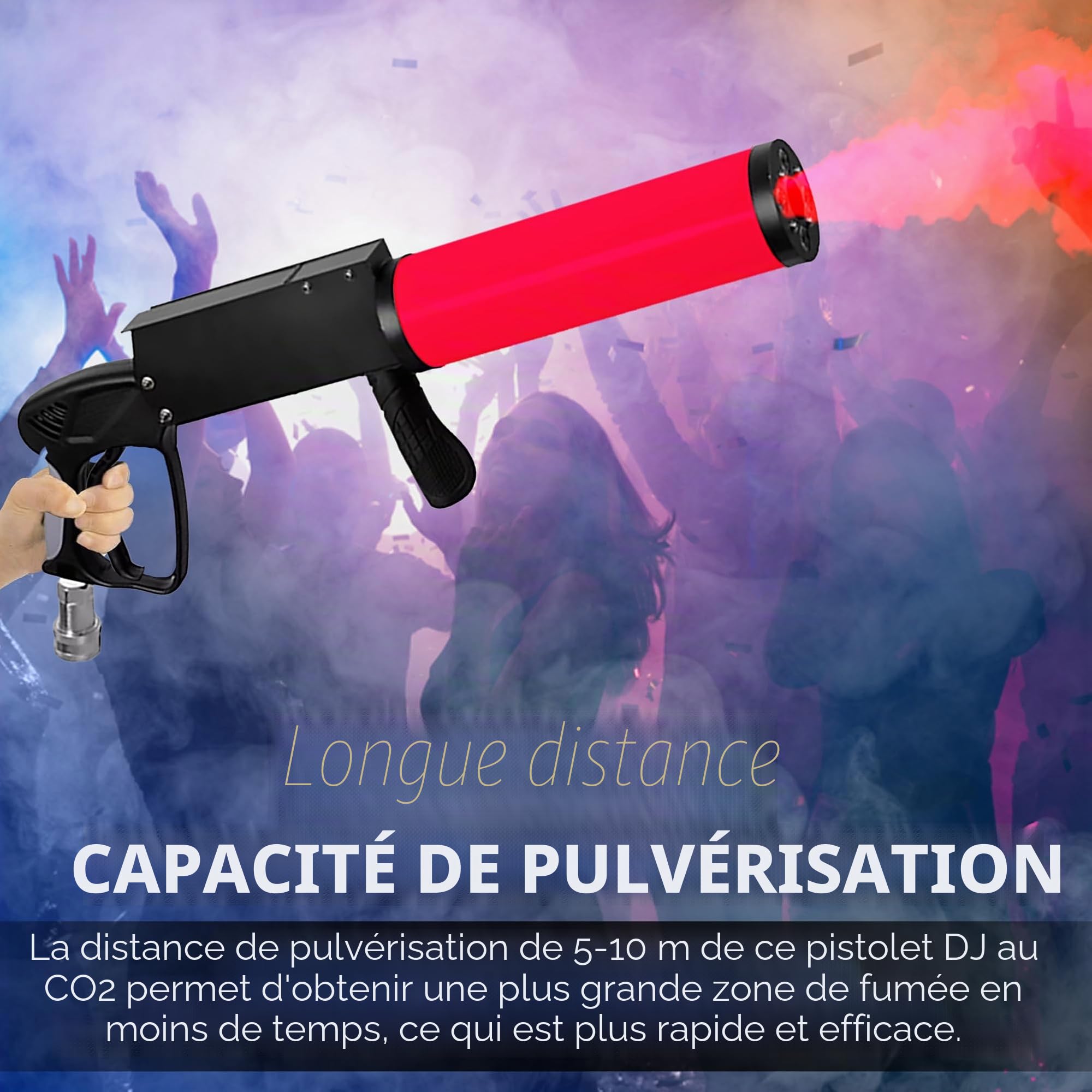 Pistolet à CO2 pour fête avec une portée de 6m | Câble de 3m + Tuyau de sortie sans givre | Canon/Pistolet DJ CO2 de haute qualité | Convient pour DJ, club, scène, et la mise en scène | Jet Machine