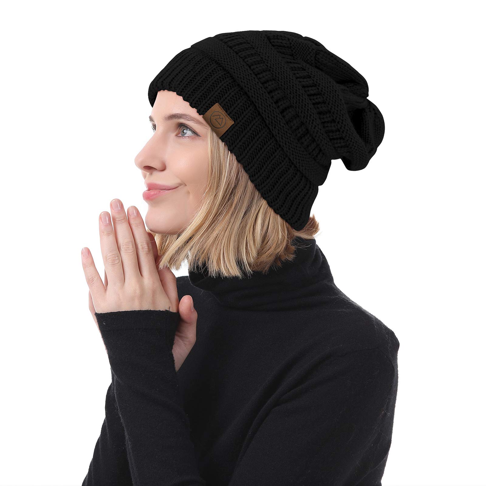 Gorros de invierno con forro de satén para mujer, gorro de invierno con forro de seda, gorro holgado para invierno, gorro de punto cálido con puños, Y negro y negro mezcla y negro gris mezcla, Talla