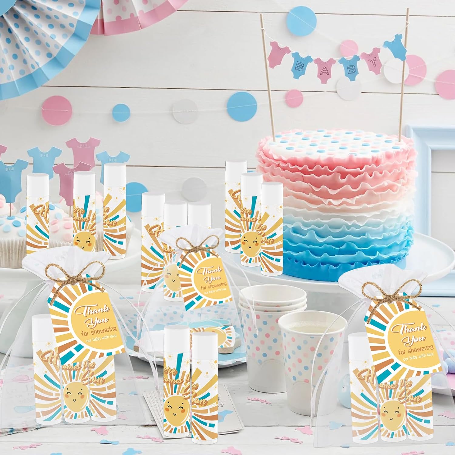 50 Sets Here Comes The Son Baby Shower Lip Balms Bulk Gifts for Mom Teacher Nurse Thank You Gift Sun Birthday Supplies Stuffers Mother's Day Favors Boys Girls Games Neutral Gender Reveal Gifts (Sun)