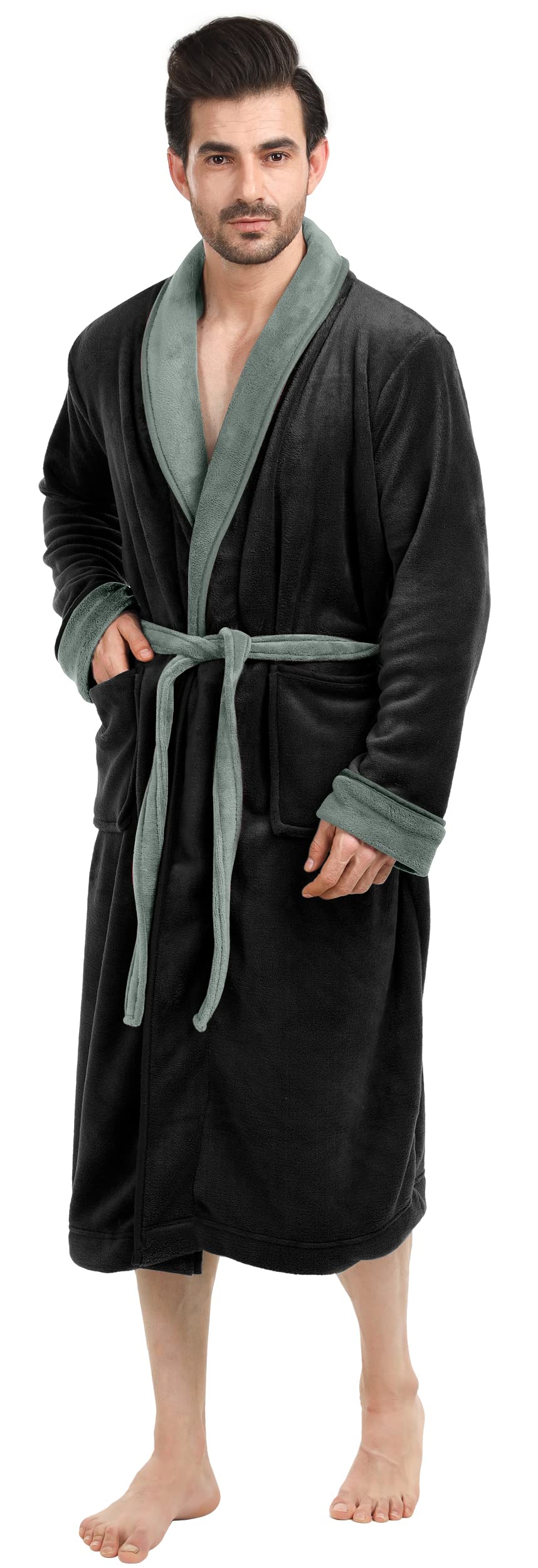 ny threads luxurious mens shawl collar fleece bathrobe long spa robe, small-medium, black steel grey