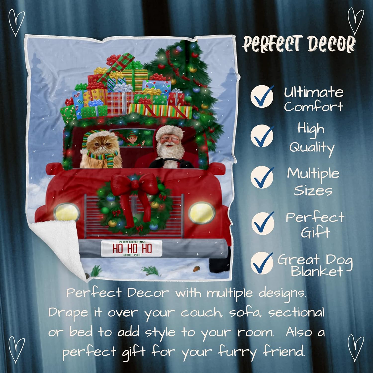 Doggie of the Day Persian Cat Blanket - Christmas Honk Honk Red Truck with Santa - Super Soft & Warm Pet Theme for Sofa or Bed, Warm Fleece, Sherpa or Woven Material BLNKT140968 (60x80 Fleece)