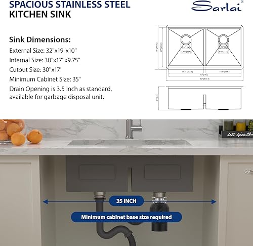 Vista 87 de Sarlai Fregadero doble de 33 piezas para empotrar - Fregadero de cocina de 33 x 19 pulgadas, acero inoxidable de calibre 16, esquina redonda, doble
