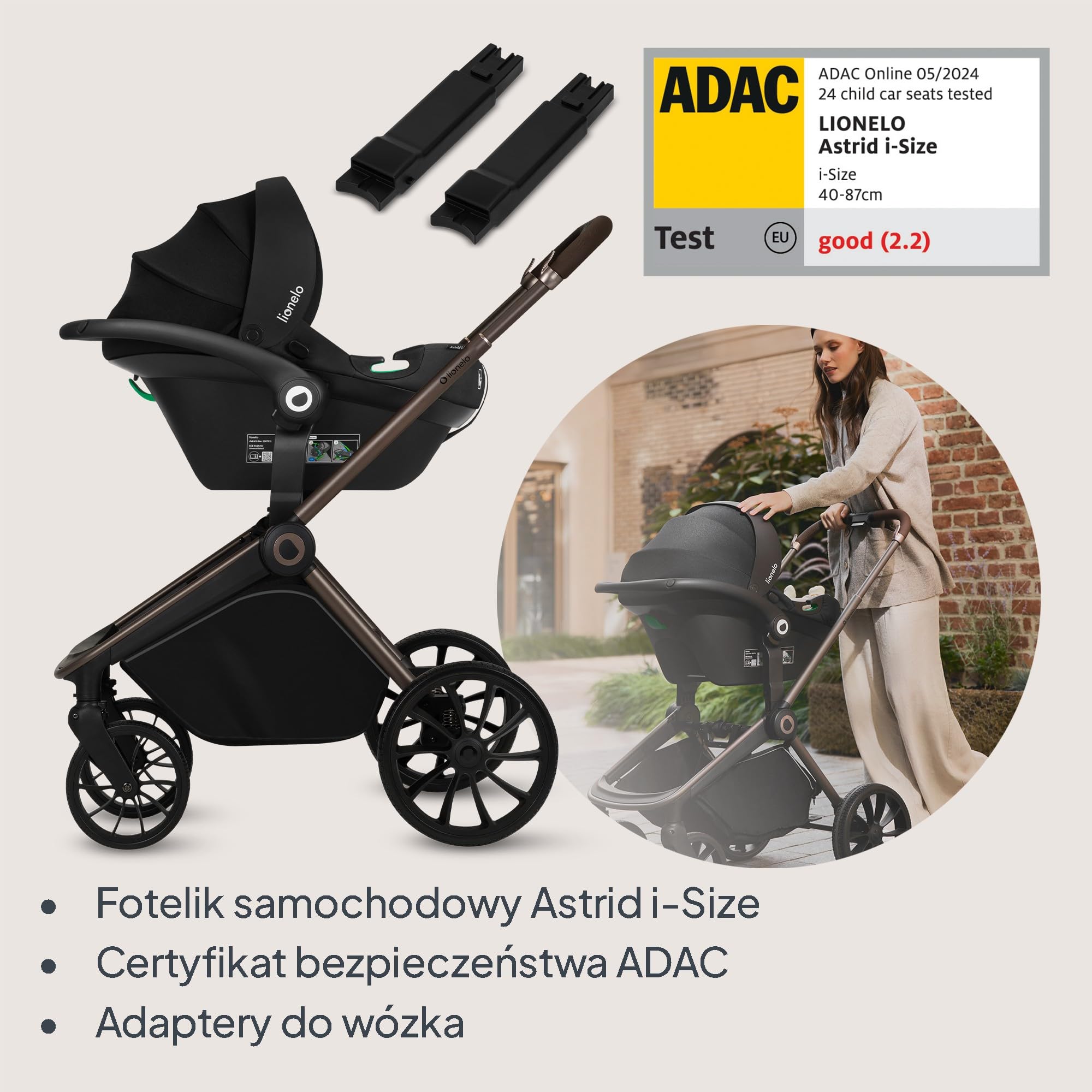 LIONELO Mika wózek 3w1 zestaw spacerówka, gondola i fotelik samochodowy, funkcja nosidełka, w zestawie moskitiera, pokrowiec na nóżki, folia przeciwdeszczowa, gumowe koła, lekka konstrukcja