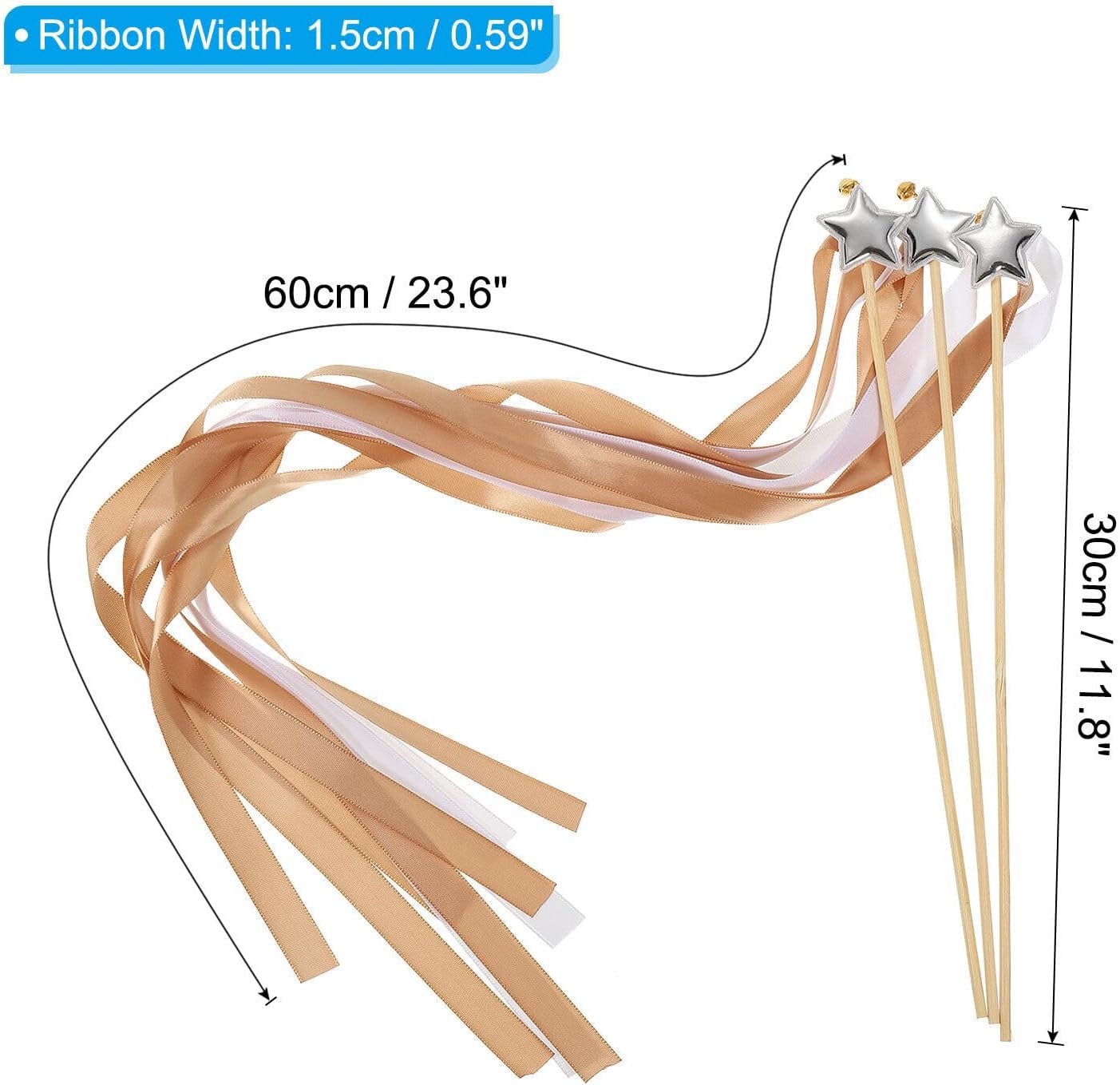 Home and Garden Parts 24pcs Ribbon Fairy Wand Silk Stick Streamer with Bell Brown White #CN/251024/04244