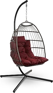 SereneLife Foldable Egg Chair - Rattan Wicker Hanging Swing Chair with Stand, Waterproof Cushion & Headrest, Cozy Outdoor/Indoor Egg Chair for Patio, Bedroom, Porch, Garden (Red)