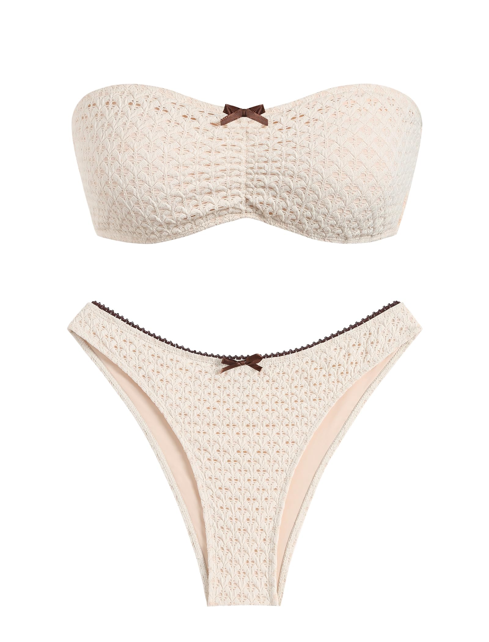 ZAFUL Women's Strapless Bikini Openwork Textured Bow Ruched Lace Up High Cut Bandeau Swimsuit Bathing Suits