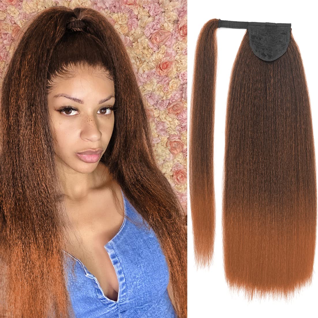 Long Yaki Straight Ponytail for Women 24 Inches Wrap Around Magic Paste Yaki Straight Pony Tail Clip in Synthetic Thick Kinky Straight Ponytail hair