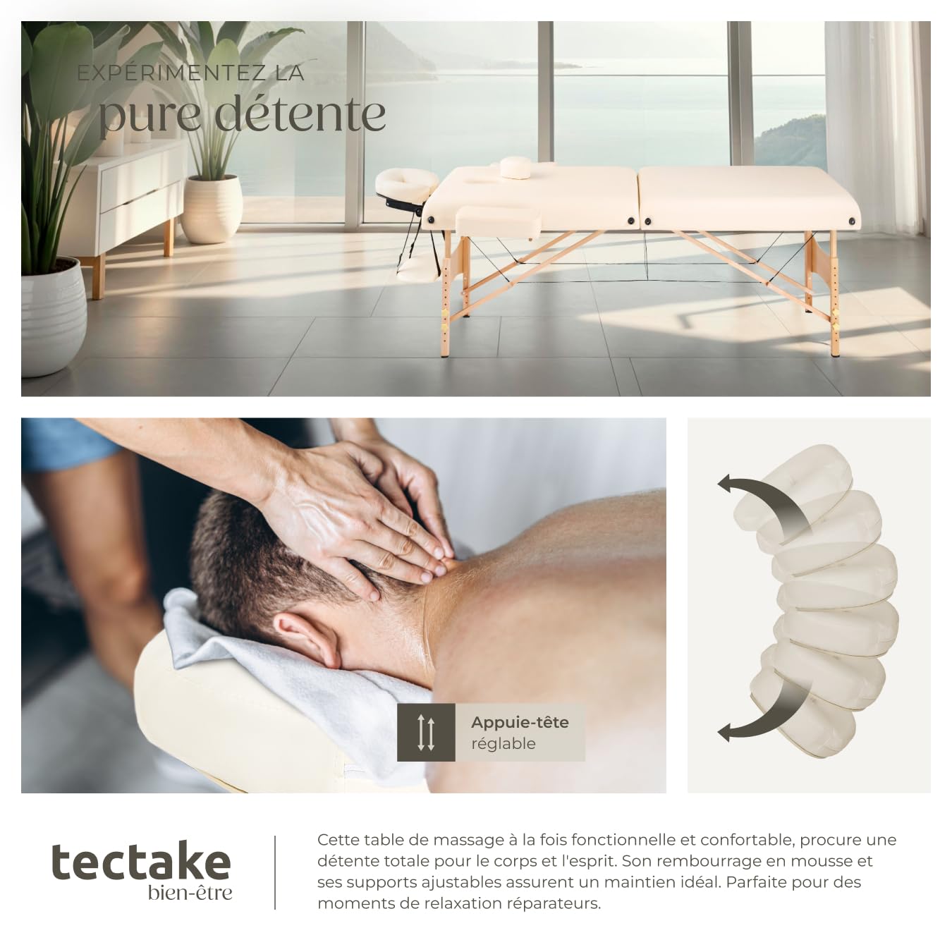 tectake® Table de Massage Pliante Professionnelle 2 Zones Ergonomique Massage et Relaxation Bois Table Esthetique Professionnel Lit de Massage Portable, Rouleaux & Housse de Transport - Beige