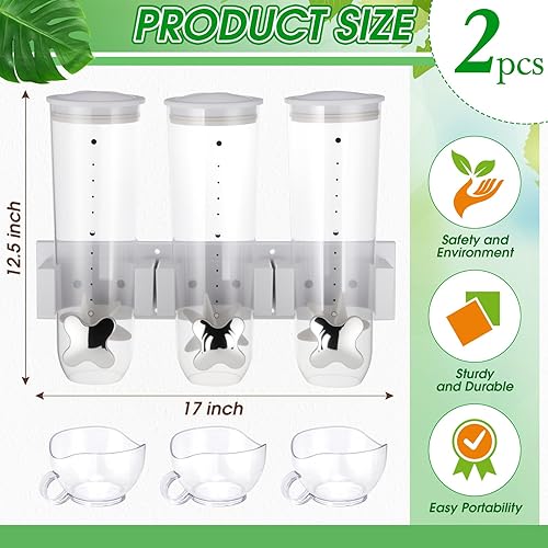 Miniatura 2 de Nitial Dispensador de cereales montado en la pared de 4.5 L, dispensador de granos triple para máquina de dulces con taza, contenedor de