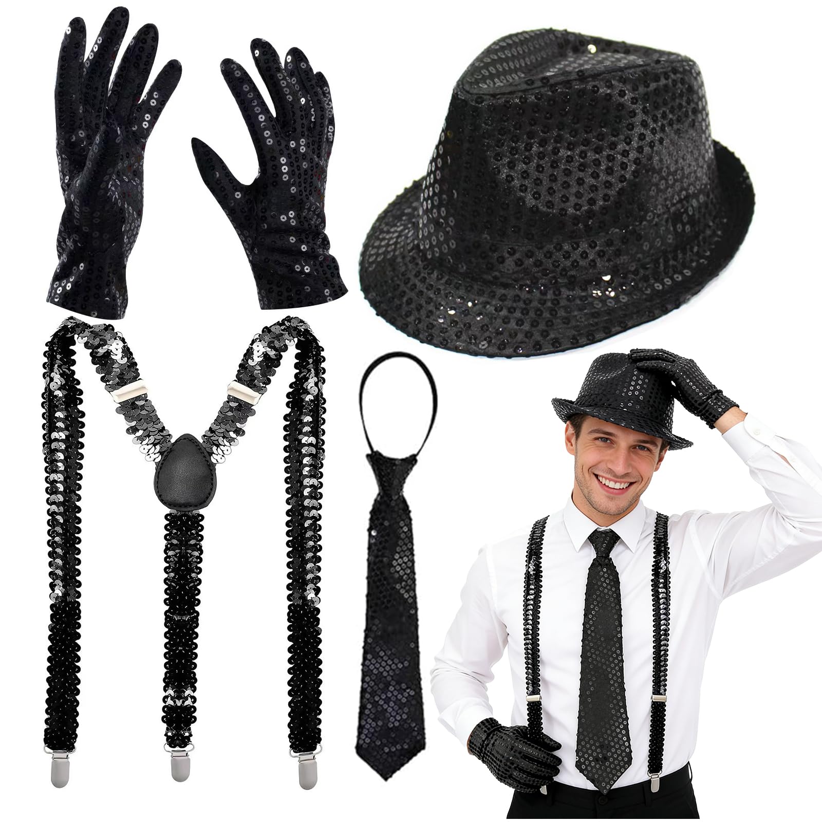 DTAOZFA Glitterkostuum accessoires heren, pailletten bretels, glitteroutfit heren, hoeden, bretels, handschoenen, stropdas, aangepast aan carnavalsfeest -personages thema performance DTAOZFA Glitterkostuum accessoires heren, pailletten bretels, glitteroutfit heren, hoeden, bretels, handschoenen, stropdas, aangepast aan carnavalsfeest -personages thema performance