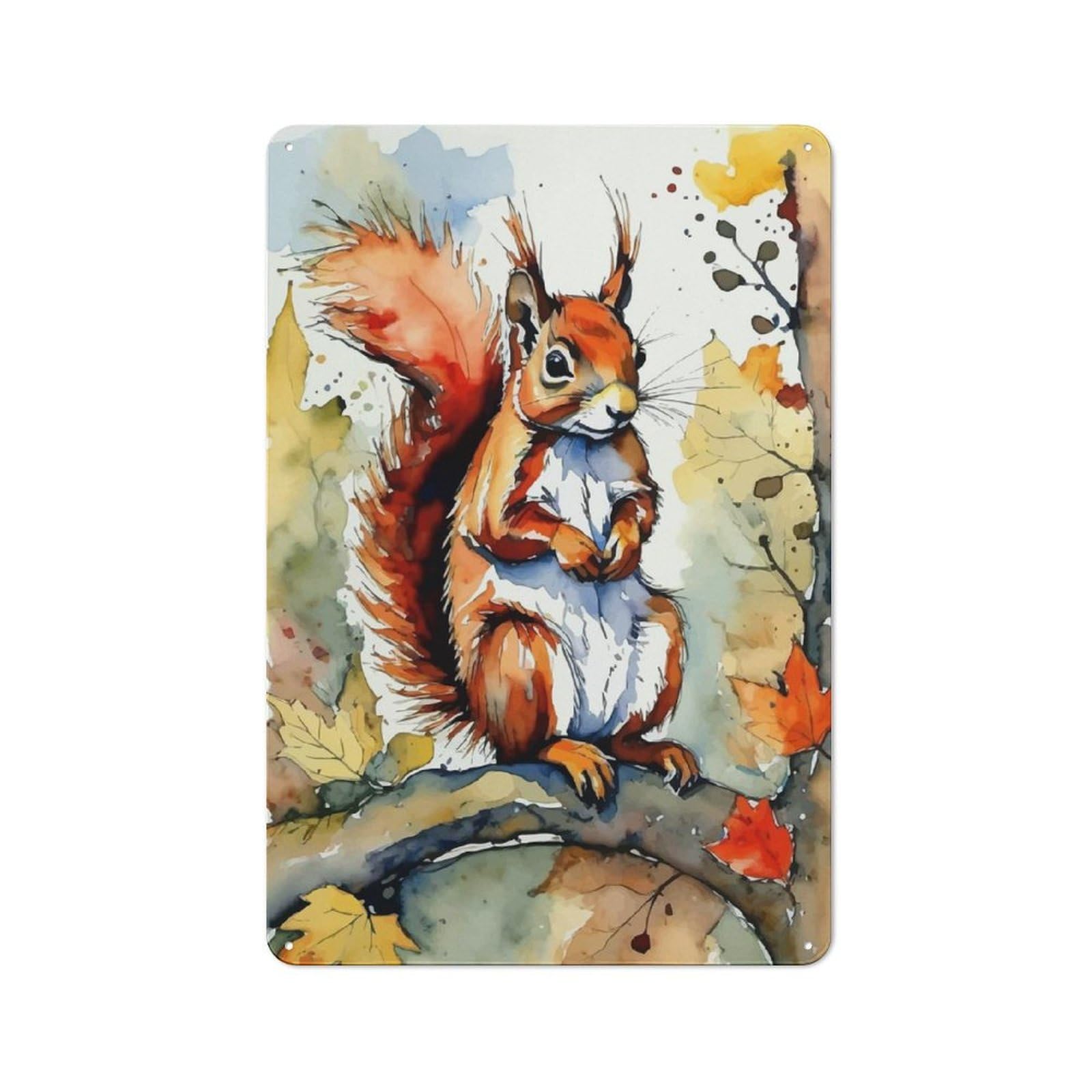 Vintage Tin Sign 30x20cm with Red Squirrel Watercolor Painting for Hobby Room Or Studio, for Metal Sign Collectors, for Garage And Workshop Walls