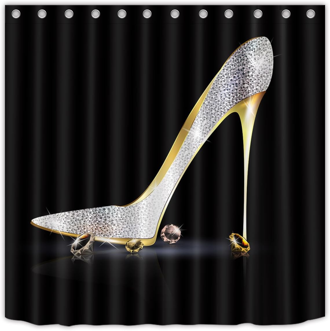 LB Diamonds Silver Gray High Heels Shoe Shower Curtain Modern Fashion Black Girls Bathroom Curtains 70x70 inch Polyester Fabric Waterproof Bath Decor Hooks Included and Bath Mat image 2