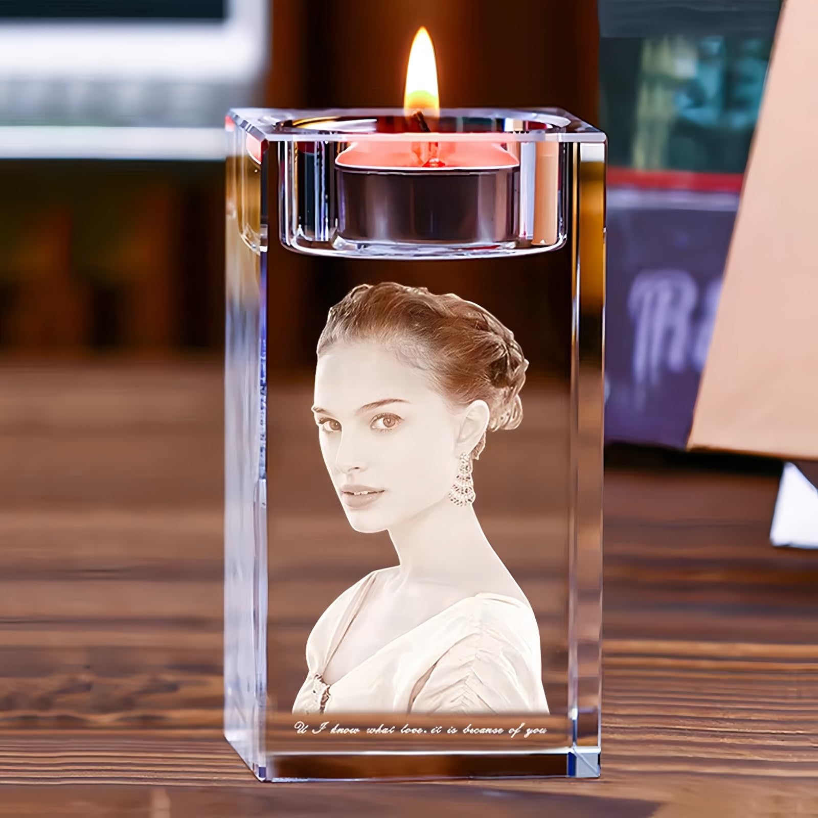 MEIEG Personalised 2D/3D Photo Crystal Candle Holder, Custom Crystal Candelabra with Engraved Your Own Picture&Text, Anniversary Christmas Birthdays Gifts for Her(2D,5x5x8cm)