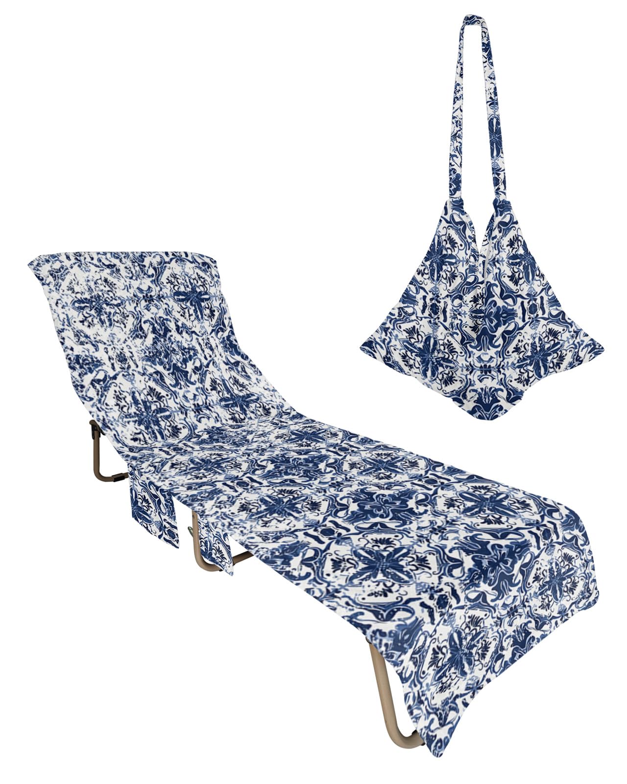 Navy Blue Boho Beach Lounge Chair Towel Cover, Soft Chaise Lounge Towel with Side Pockets Patio Pool Chairs Cover for Beach/Pool Sunbathing 29x85 Ehtnic Abstract Art Modern Geometric