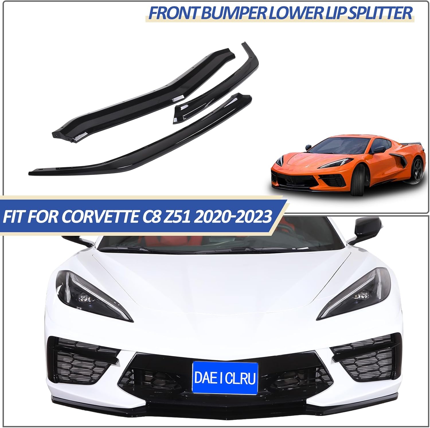 Daeiclru Front Bumper Lip Splitter Compatible with Chevrolet Corvette C8 Z51 2020-2023, ABS Front Bumper Lip Chin Spoiler Splitter, Front Bumper Lip Splitter Replacement Kit Accessories (Glossy Black)