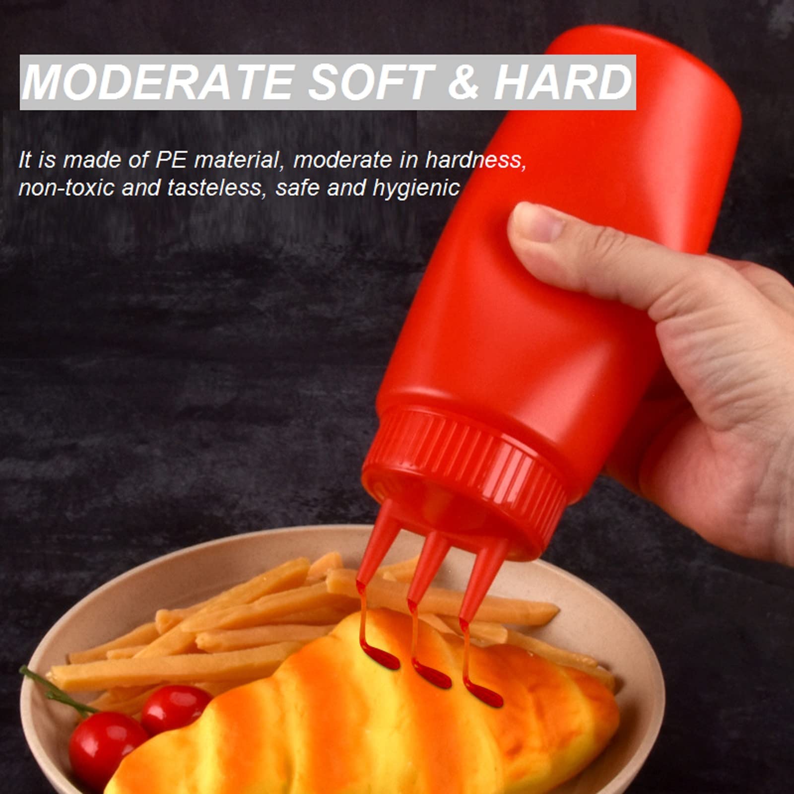 Bouteille à condiments à 3 trous en plastique pour ketchup, sauces chaudes, huile d'olive, ketchup moutarde, A