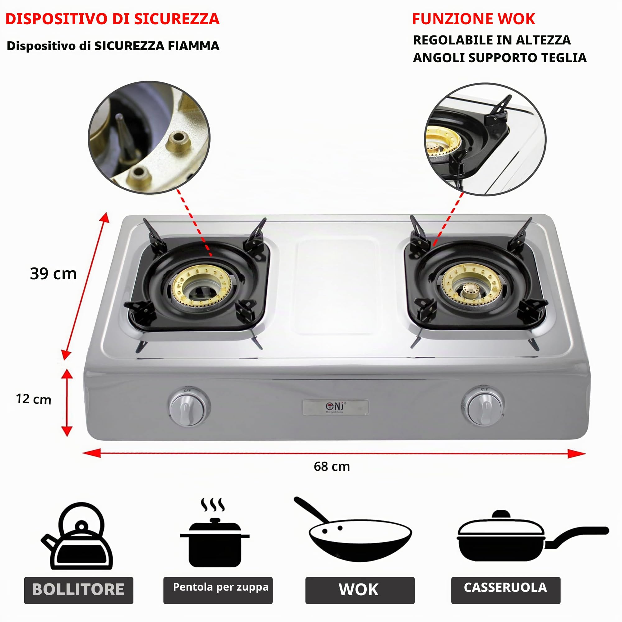 NJ NSD-2 Fornello a Gas - 2 Fuochi Piano Cottura Portatile Interna GPL