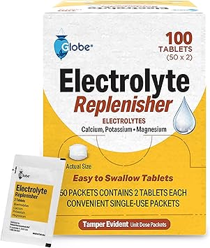 Globe Electrolyte Replacement Tablets for Rehydration, Exercise Recovery, Youth & Adult Athletes, Hiking, Camping, Sports Recovery and More... 50 Packets of 2 Tablets Each, 100 Count