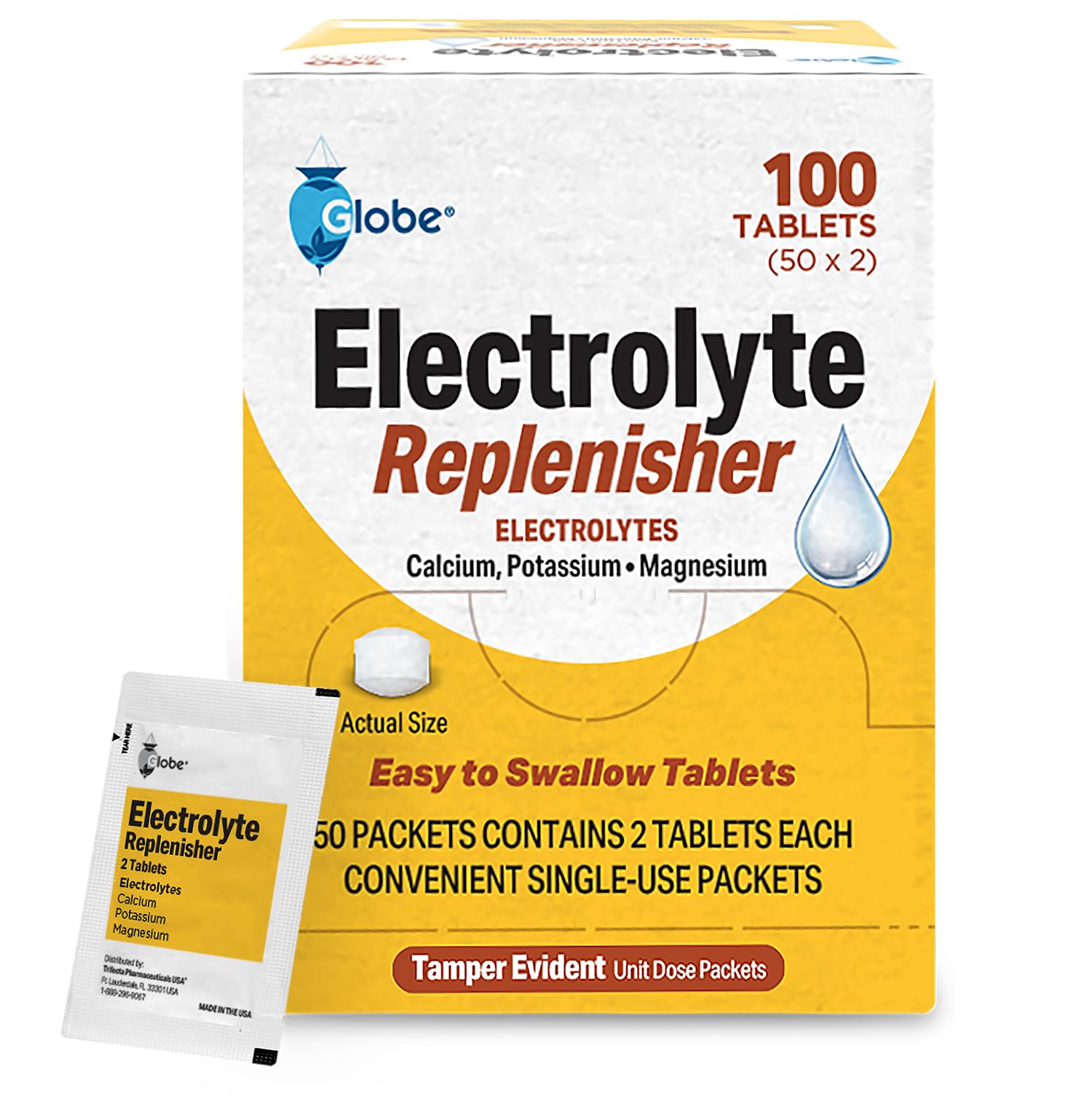 Globe Electrolyte Replacement Tablets for Rehydration, Exercise Recovery, Youth & Adult Athletes, Hiking, Camping, & Sports Recovery and More... 50 Packets of 2 Tablets Each, 100 Count