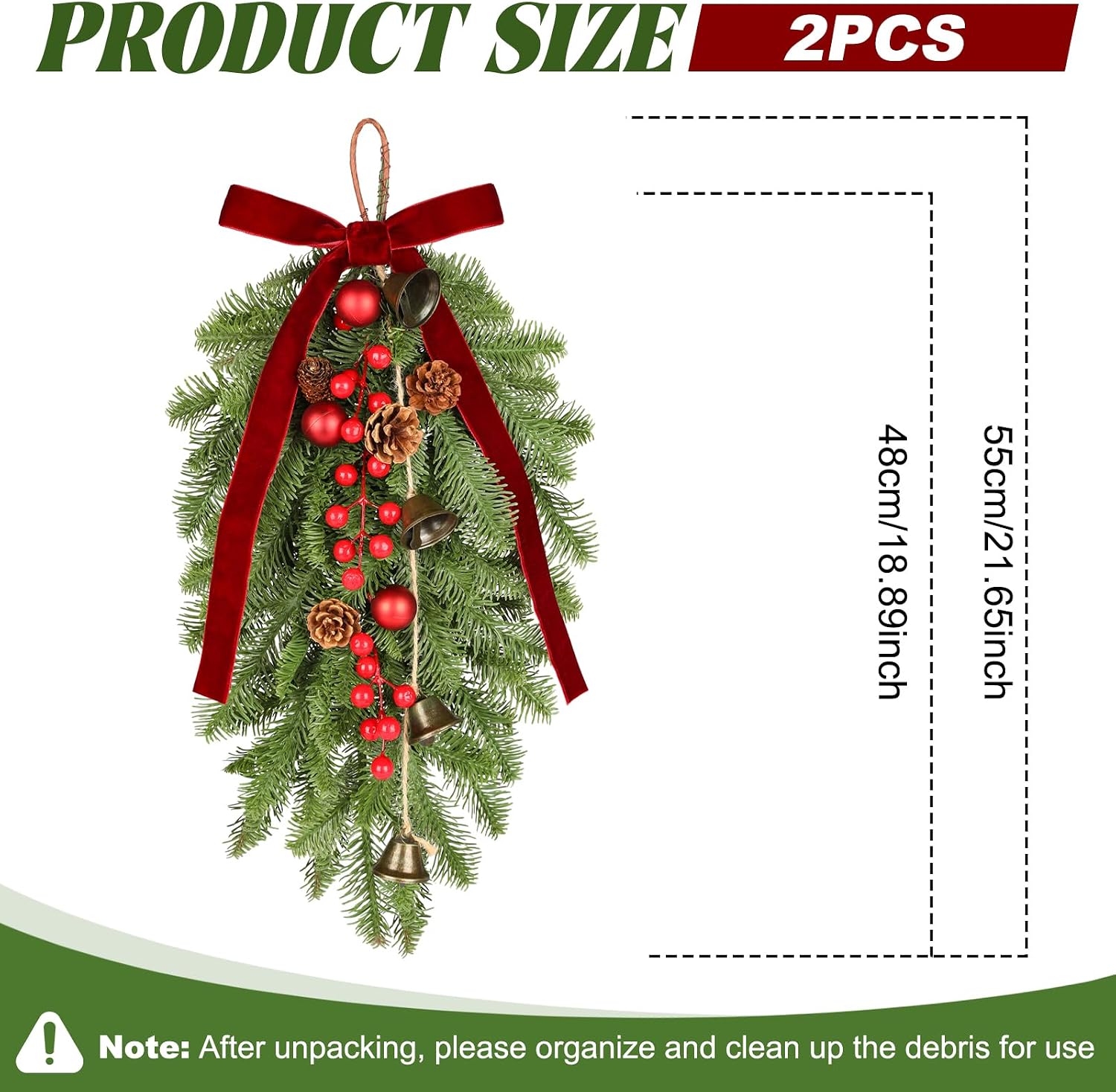 2 Pcs Artificial Christmas Teardrop Swag, 22" Faux Pine Needles Greenery Teardrop Wreath for Xmas Door Table Mantle Fireplace Indoor Outdoor Holiday Decor with Red Berries