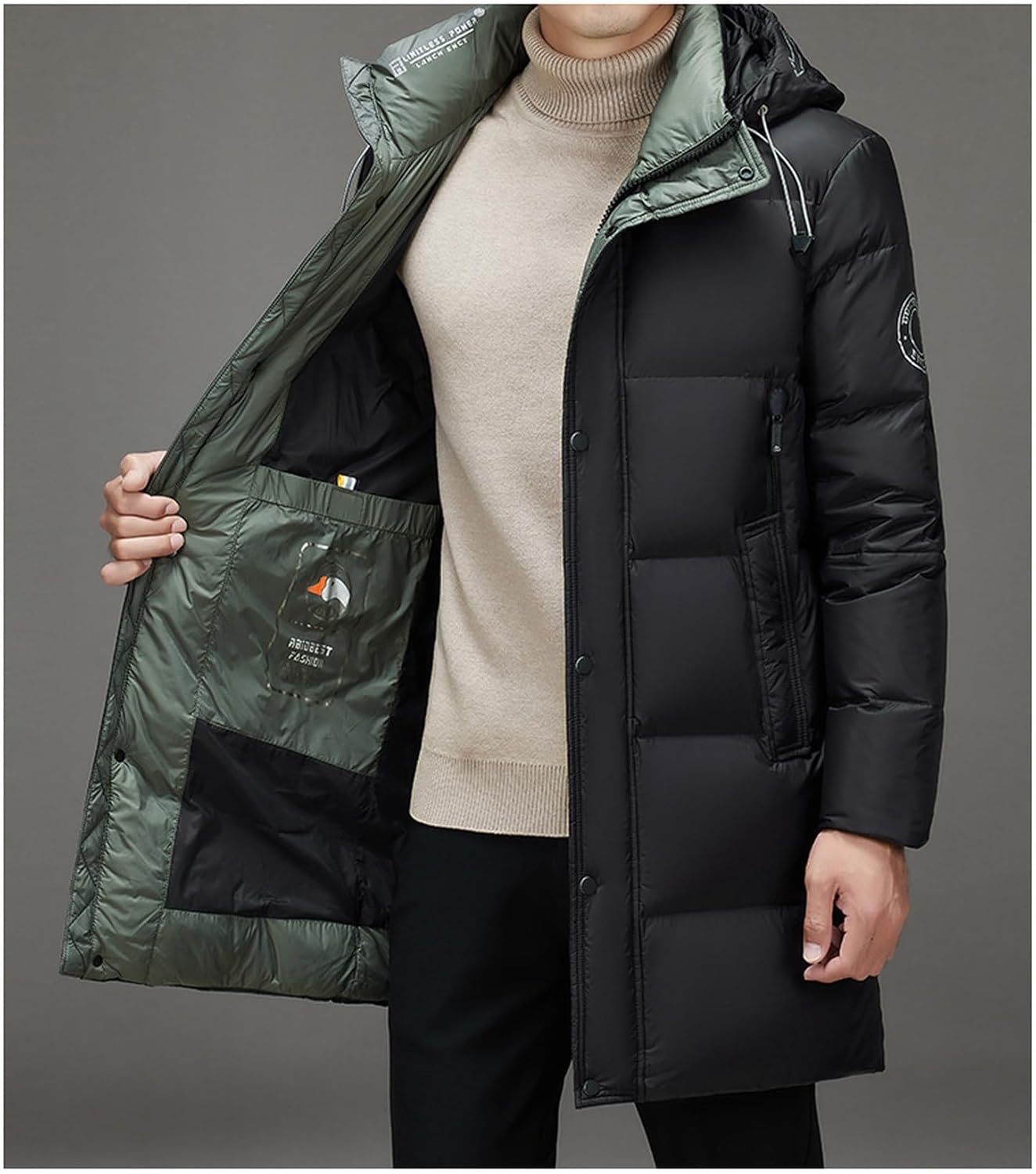 [Taopagii] ロングダウンコート メンズ 無地 ダウンジャケット 秋冬 ビジネスカジュアル ロング丈 フード付き ステンカラ