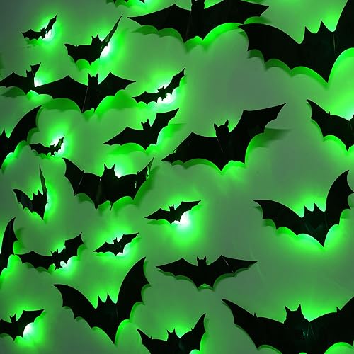 DR.DUDU Paquete de 36 decoraciones de Halloween de murciélagos, calcomanías de pared de murciélagos iluminados con LED verde, calcomanías 3D