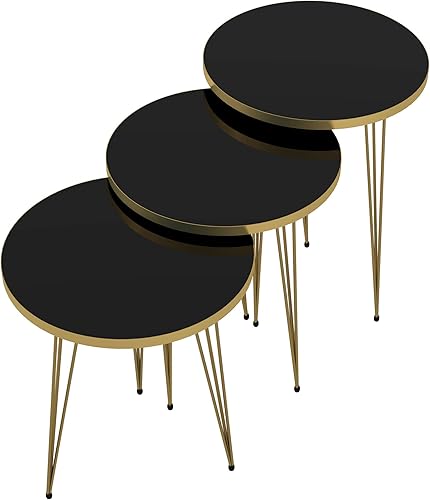 Miniatura 7 de PAK HOME Juego de 3 mesas auxiliares anidables con patas de color negro y dorado de alto brillo, mesa auxiliar apilable de madera con patas de metal