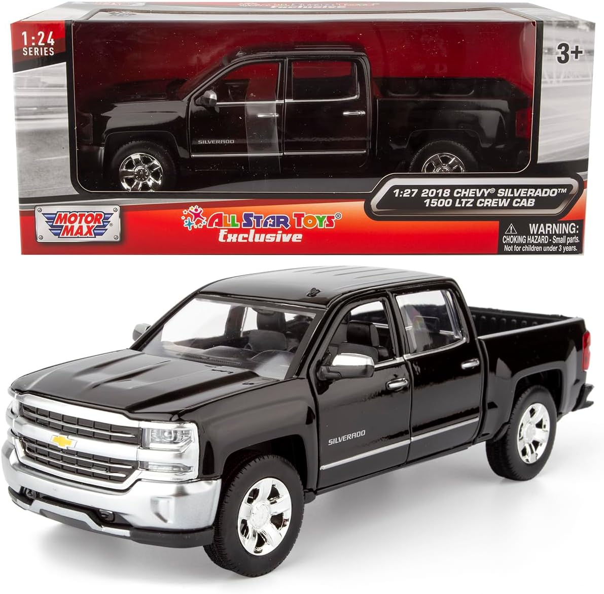 All Star Toys Exclusive 2018 Chevy Silverado 1500 LTZ Crew Cab Black with Chrome Trim 1:27 Diecast Model Motormax 79353