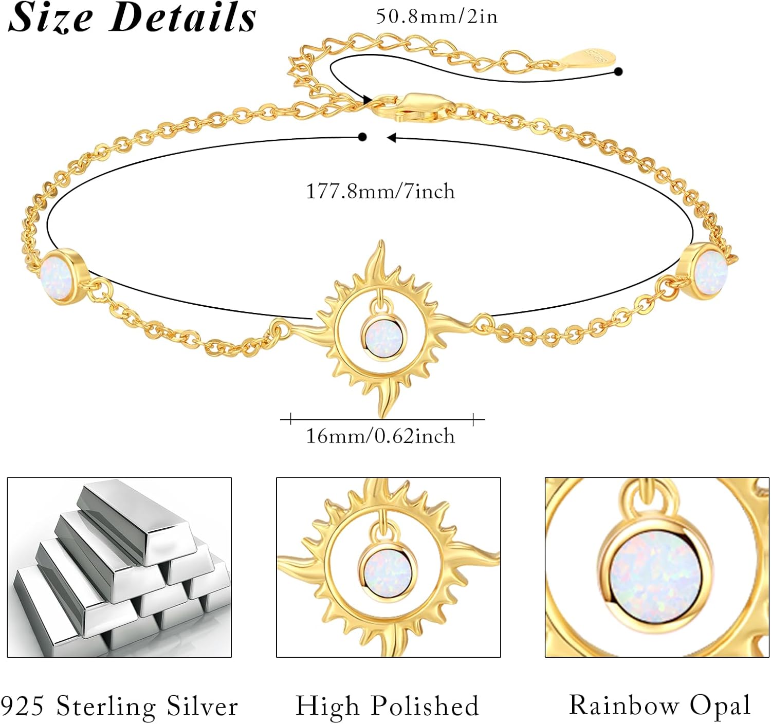 TUGHRA Gold Bracelet for Women 925 Sterling Silver Sun Bracelets Memorial Keepsake Jewelry Gift for Mom, Wife, Daughter Mother's Day Birthday