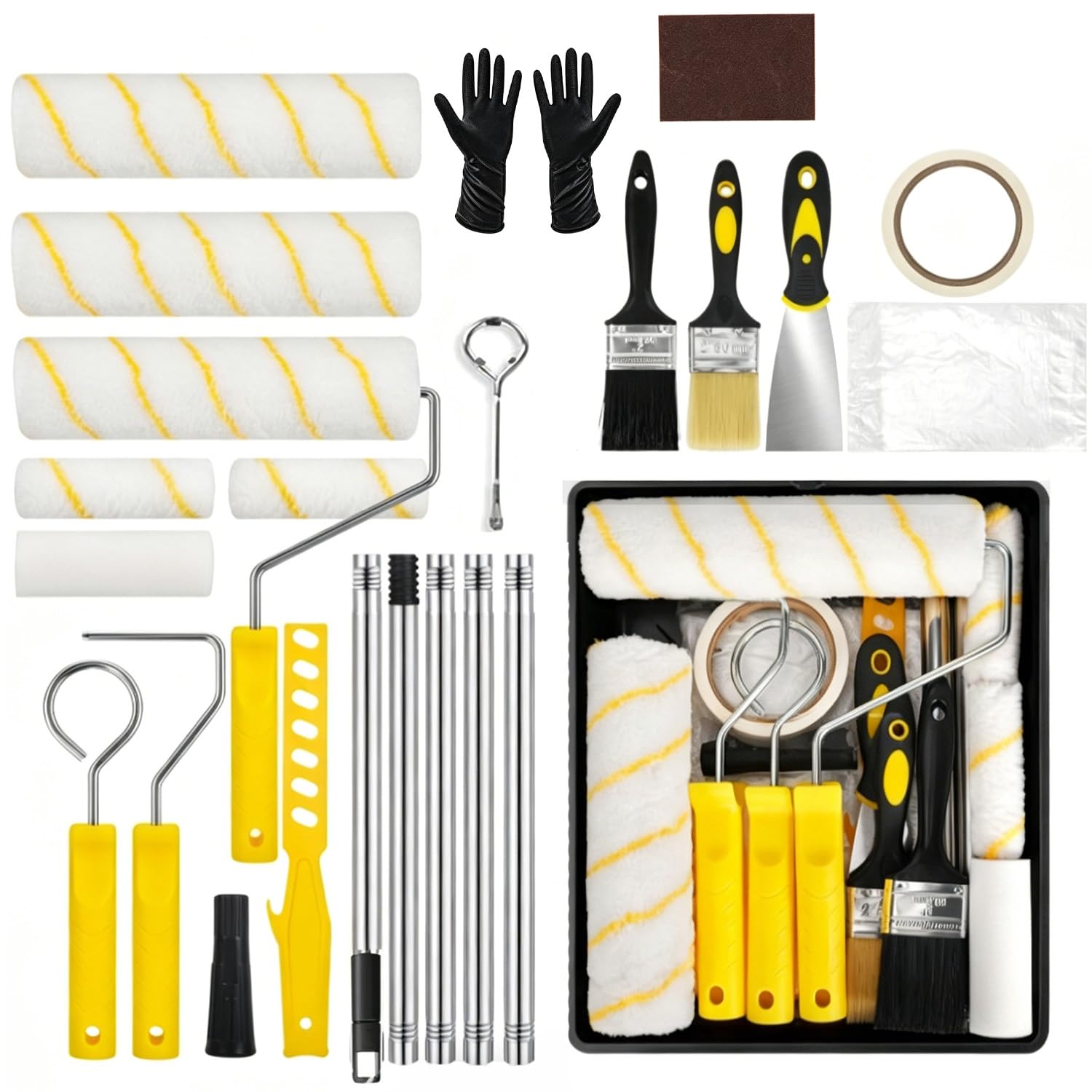 Rullo Per Pittura,Set Di Rulli Per Vernice,Utilizzabili Per Dipingere Pareti e Come Strumenti Per Il Disegno,Con Manico Telescopico In Acciaio Inox,Adatto a tutti i tipi di balcone (24, nero-giallo)
