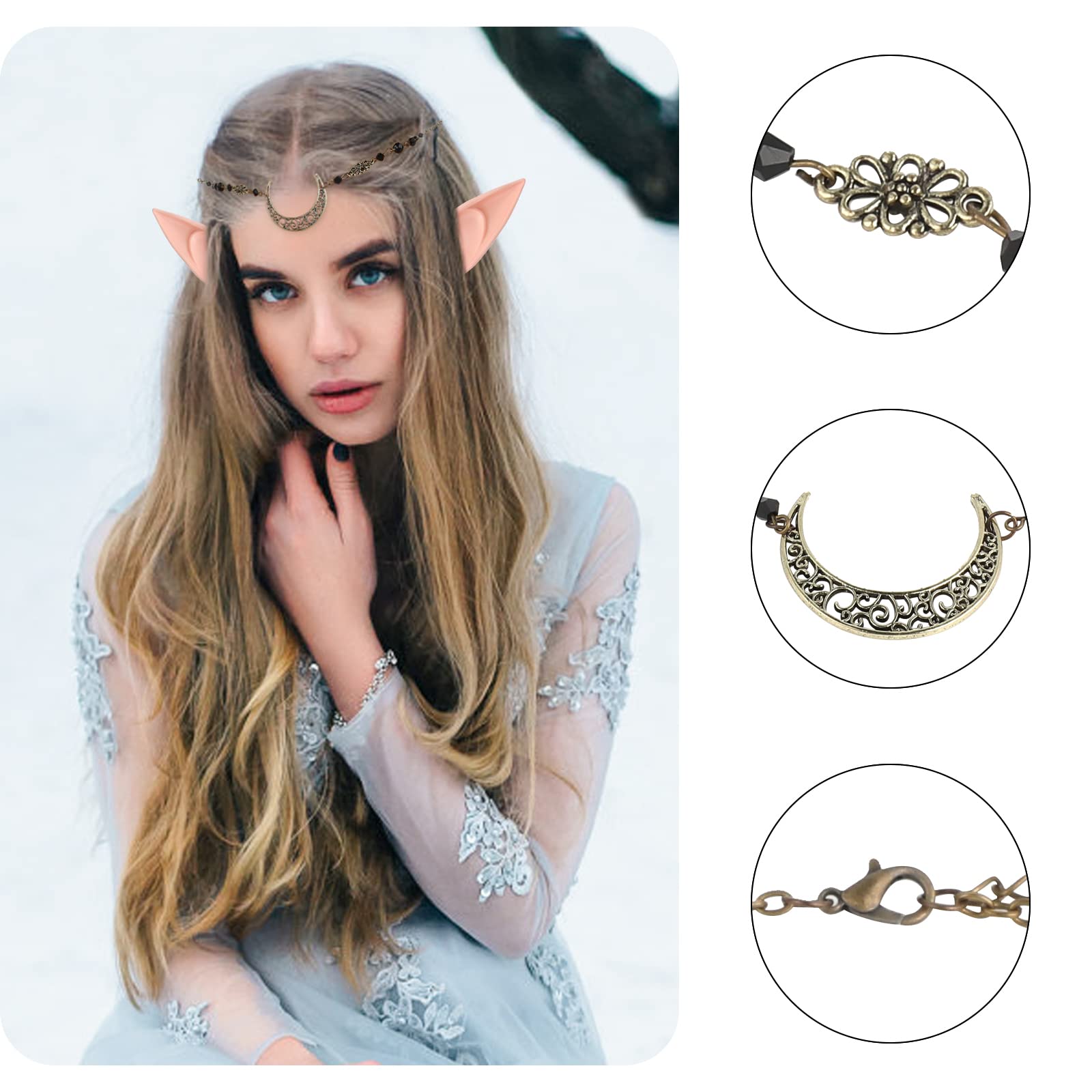 Biżuteria z uszami elfów, cosplay, wróżka, elf, ucho, księżyc, głowa, łańcuszek elf, retro, kryształowa tiara, ozdoba głowy, opaska na włosy, miękkie uszy elfów, kostium damski