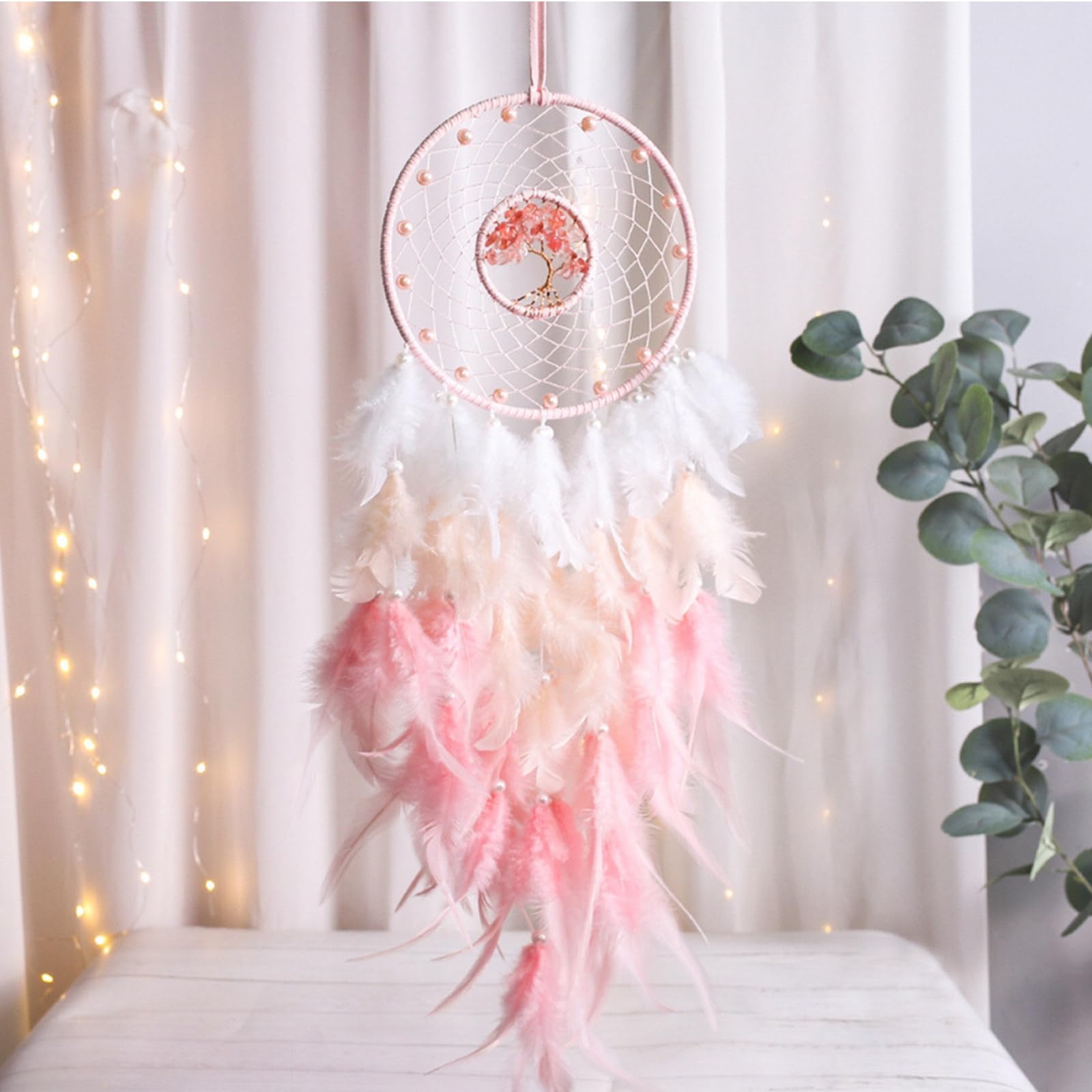 Attrape-rêves, rose, macramé, cristaux, anneaux en métal, résistants aux UV, extérieur, enfants, voiture, cadeau de mariage, bohème, bricolage, décoration rose, chambre d'enfant, salon