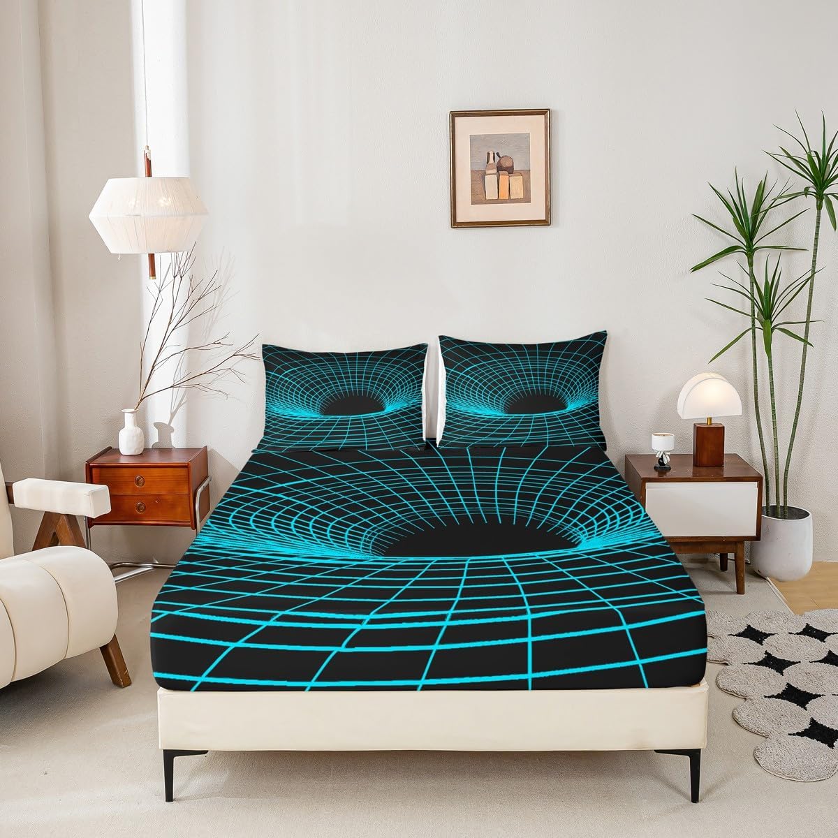 Geometric Art Bedding Set Twin Size Blue Neon Bed Set for Girls Teens Bedroom Decor Kids Stripe Grid Fitted Sheet Soft Microfiber Modern Geometric Bed Cover(1 Fitted Sheet+1 Pillow Case)