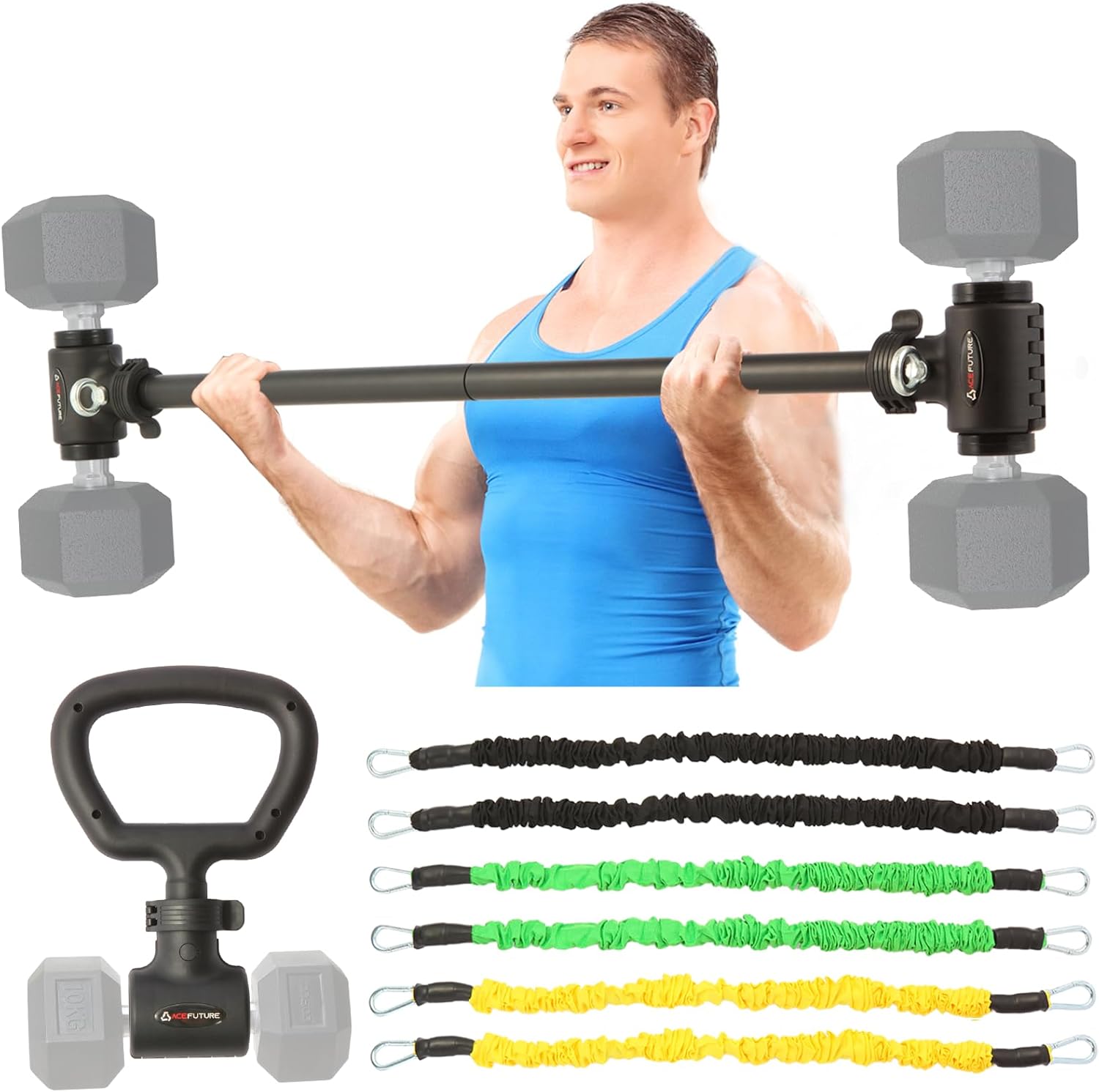 3 in 1 Dumbbell Converter Bar Set - Convert Dumbbells to Barbell & Kettlebell for Home Gym, Multi-Functional Strength Training Bar with Secure Clamps, Space-Saving Weight Lifting System (Black)