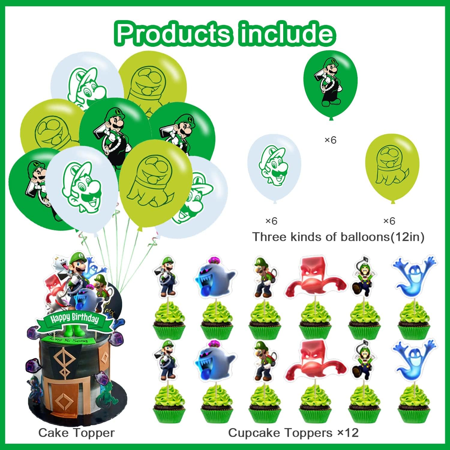 Luigi Mansion Birthday Party Decorations, Halloween Horror Theme Party Supplies with Happy Birthday Banner, Cake Toppers, Balloons for Fans Adults Party Favors