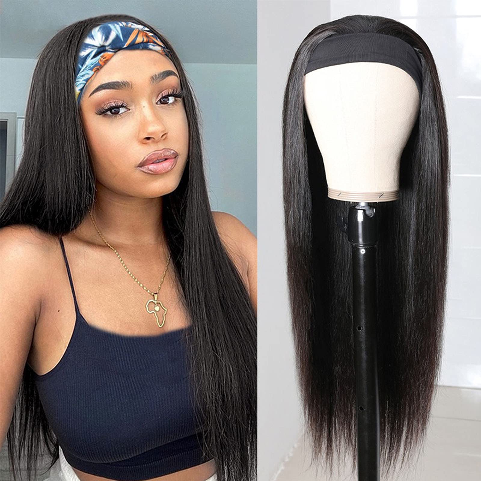 Generic Headband Wigs for Black Women Clearance Straight Soft Long Black Hair 180 Density Natural Looking Silky Highlights Headband Wigs of Women 24inch