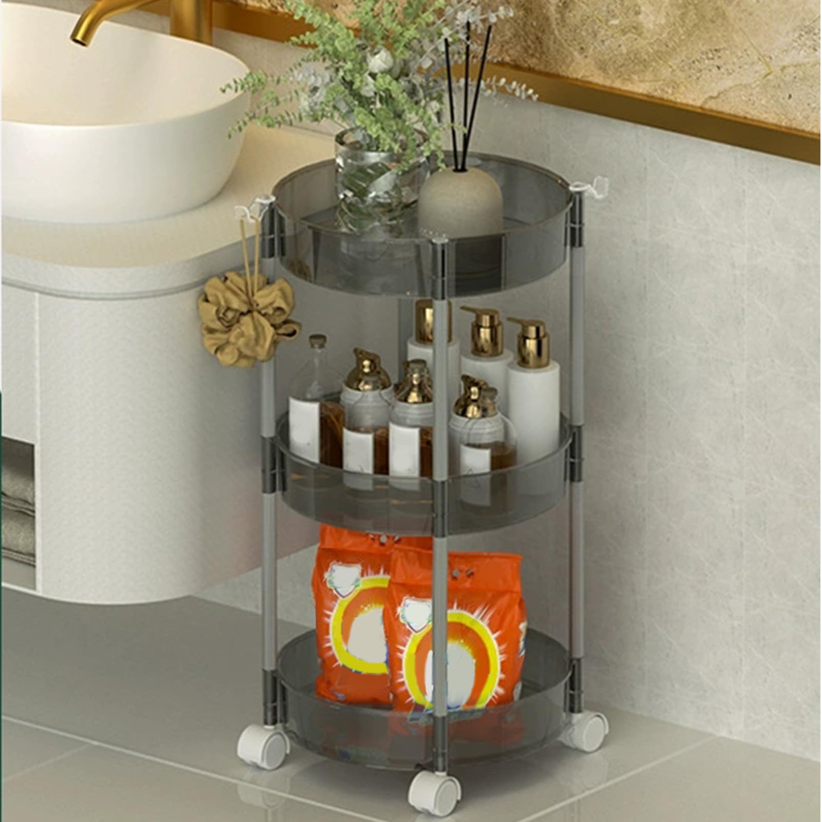 Carrello portaoggetti rotondo a 3 livelli con ruote, carrello portaoggetti mobile per cucina, bagno e lavanderia, scaffale grigio, soluzione versatile per scaffalature