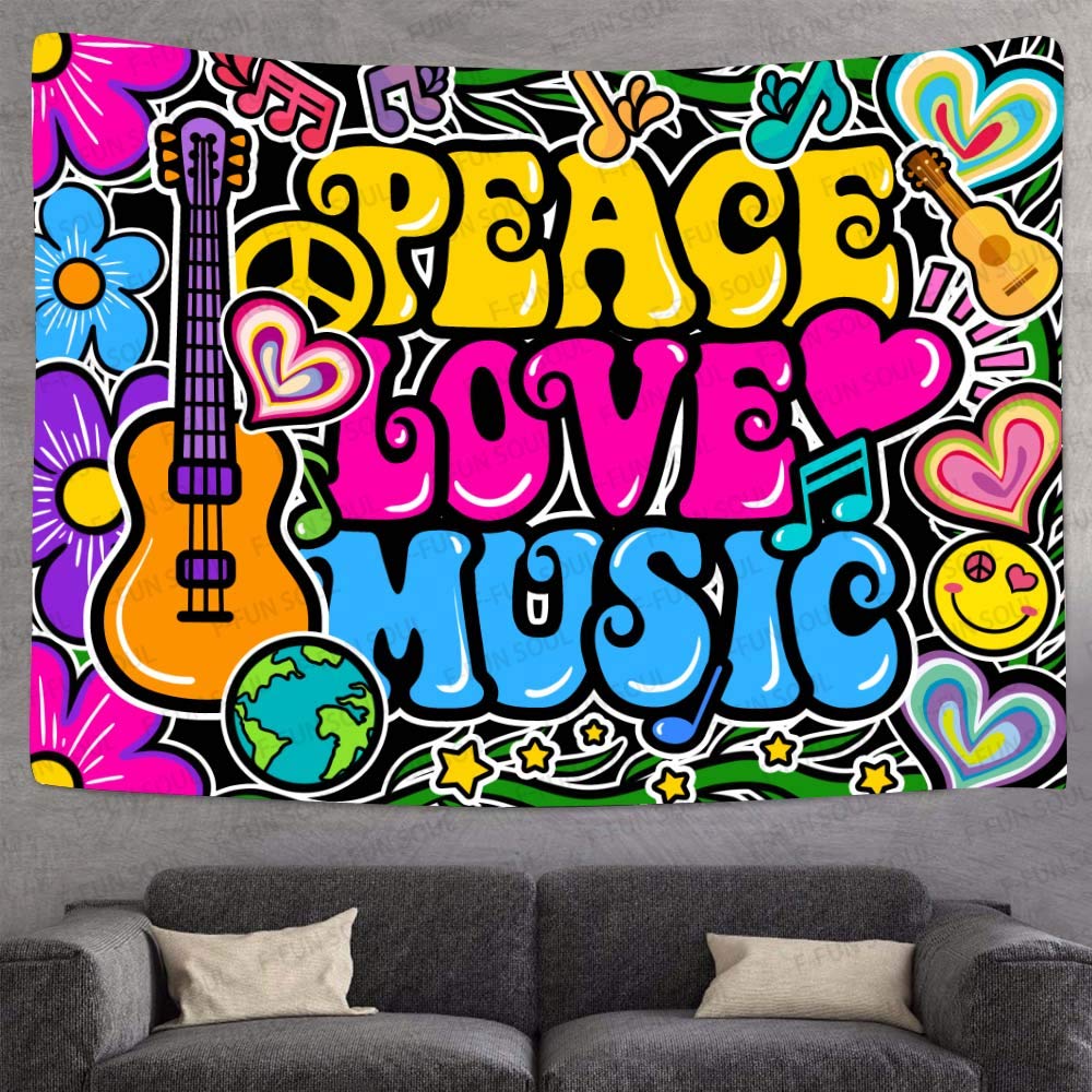 F-FUN SOUL GTZYFS1204 Wandteppich, Motiv: Frieden, Liebe und Musik, weicher Flanell, Gitarrensymbol, Taubenblumen, psychedelische Kunst, Wandbehang für Schlafzimmer, Wohnzimmer, Dekor-Banner