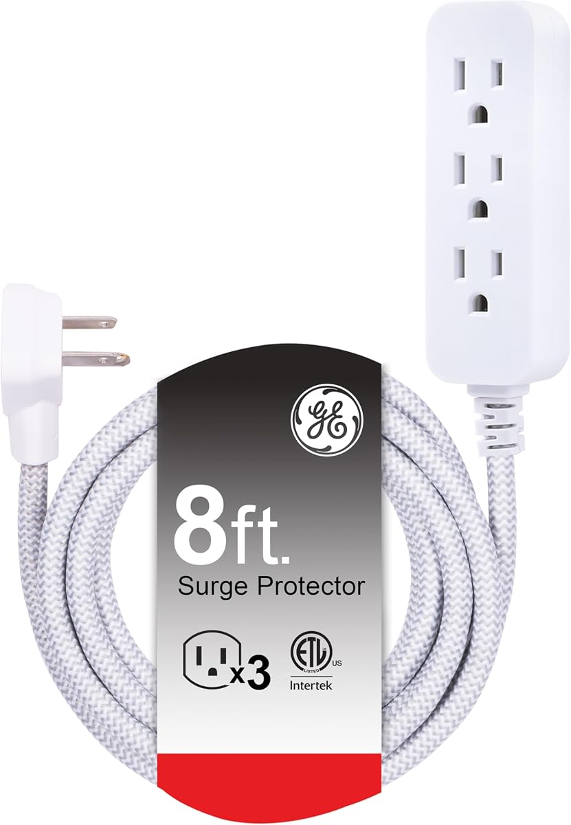 Protector de sobretensión de tira de alimentación de 3 salidas GE, cable de extensión trenzado de 8 pies