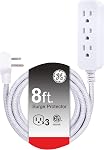 GE Pro 3-Outlet Power Strip with Surge Protection, 8 Ft Designer Braided Extension Cord, Grounded, Flat Plug, 250 Joules, Warranty, UL Listed, Gray/White, 38433