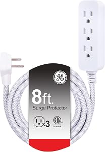 GE Pro 3-Outlet Power Strip with Surge Protection, 8 Ft Designer Braided Extension Cord, Grounded, Flat Plug, 250 Joules, Warranty, UL Listed, Gray/White, 38433