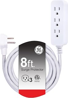 GE 3-Outlet Surge Protector Power Strip with 8ft Braided Cord, Flat Plug, 250J Protection - Stylish ETL Listed Extension Cord
