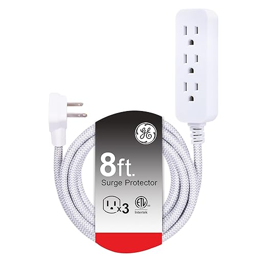 GE 3-Outlet Power Strip Surge Protector 8 Ft Braided Long Cord Extension Cord Surge Protector Power Strip Flat Plug Extension Cord 250 Joules UL Listed White 38433