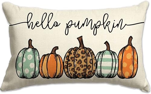 JXZYGMD Fundas de almohada de otoño de 12 x 20 pulgadas, diseño de leopardo, acuarela, Hello Pumpkin, para otoño, para decoración de otoño